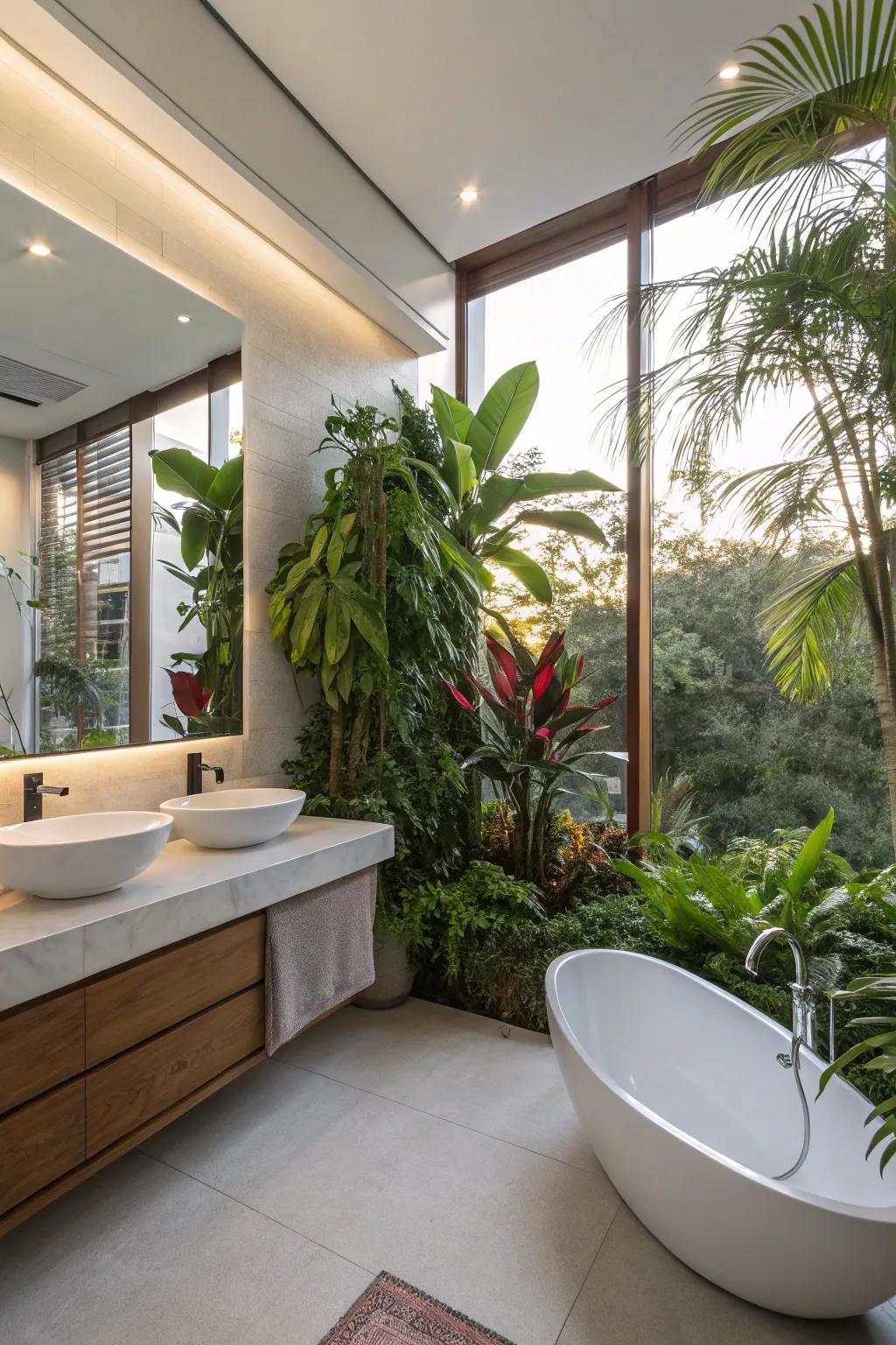 A modern bathroom featuring lush indoor plants.