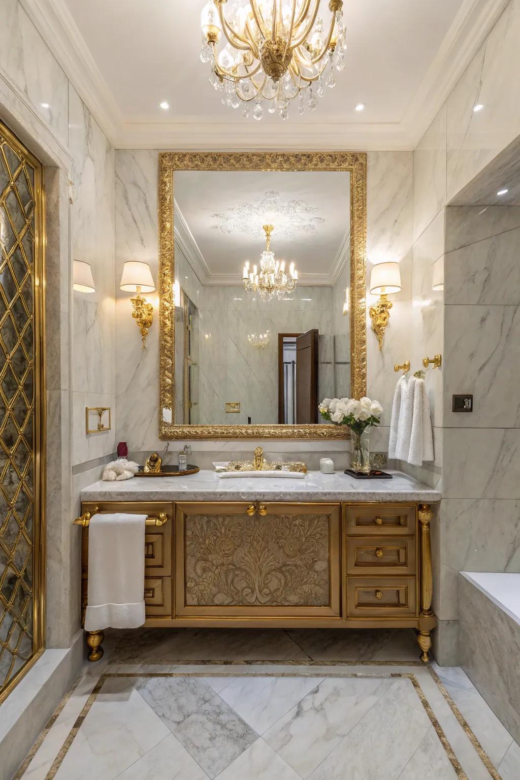 A luxurious bathroom featuring a large statement mirror.