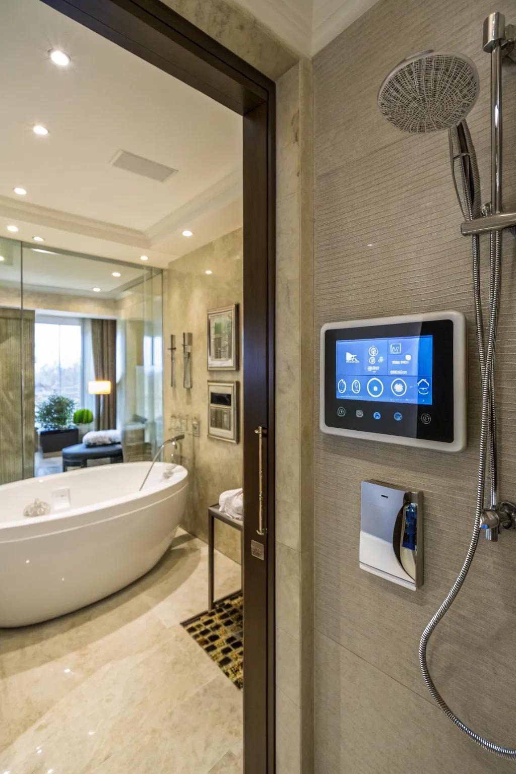 A luxurious bathroom featuring smart technology for a modern touch.