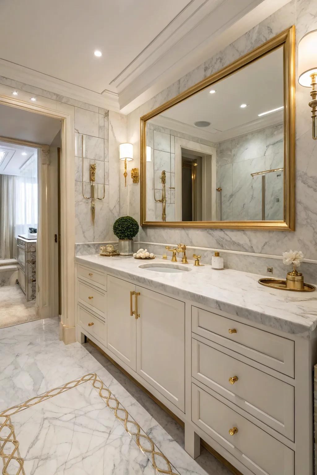 A luxury bathroom featuring marble countertops and flooring complemented by gold hardware.