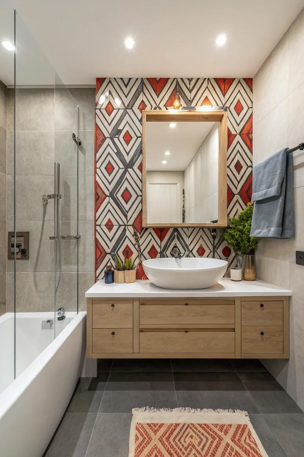 A modern bathroom featuring a striking tile accent wall.