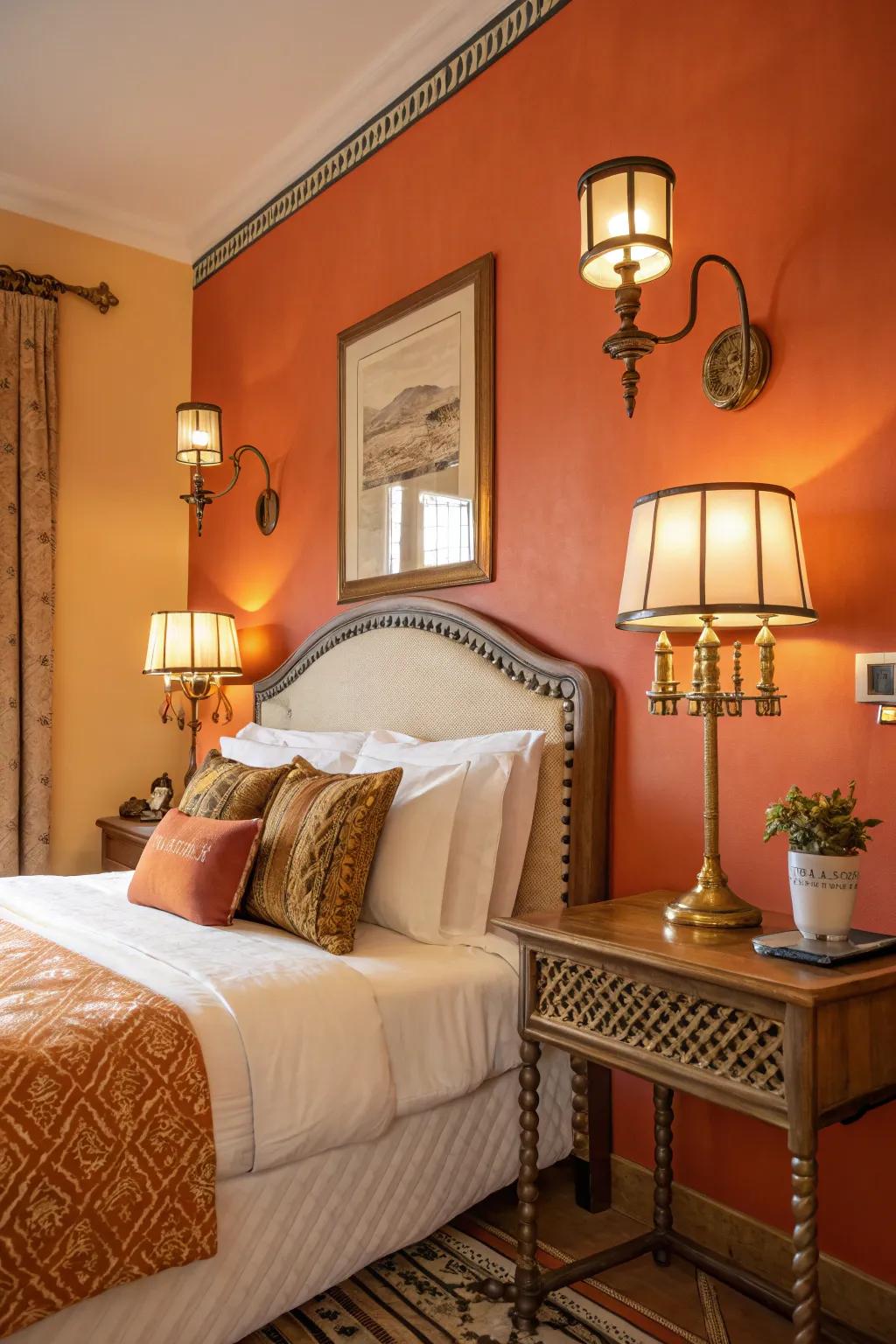 Brass accents add elegance to the retro vibe of orange walls.