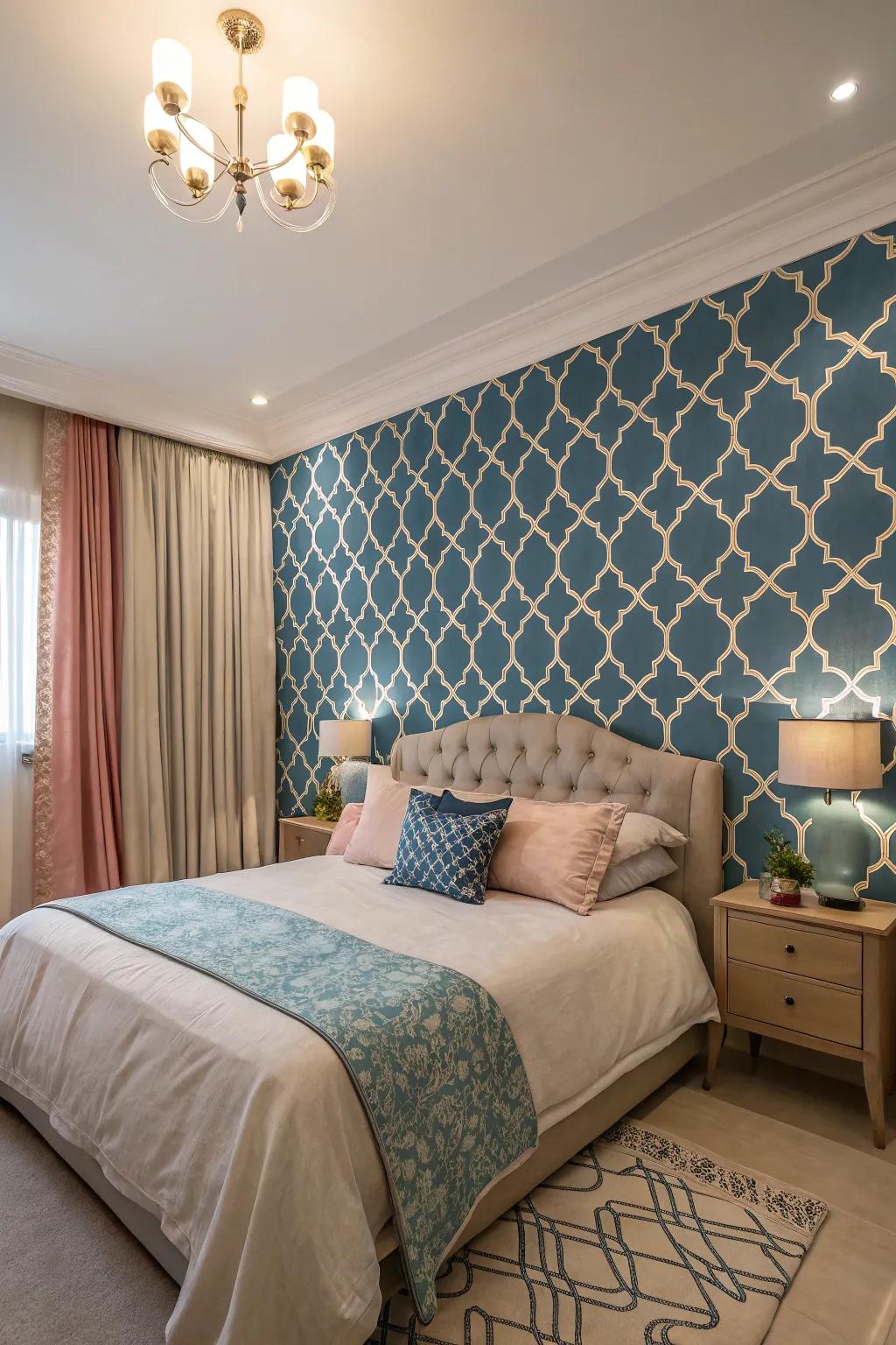 An accent wall with a bold pattern adds an unexpected twist.