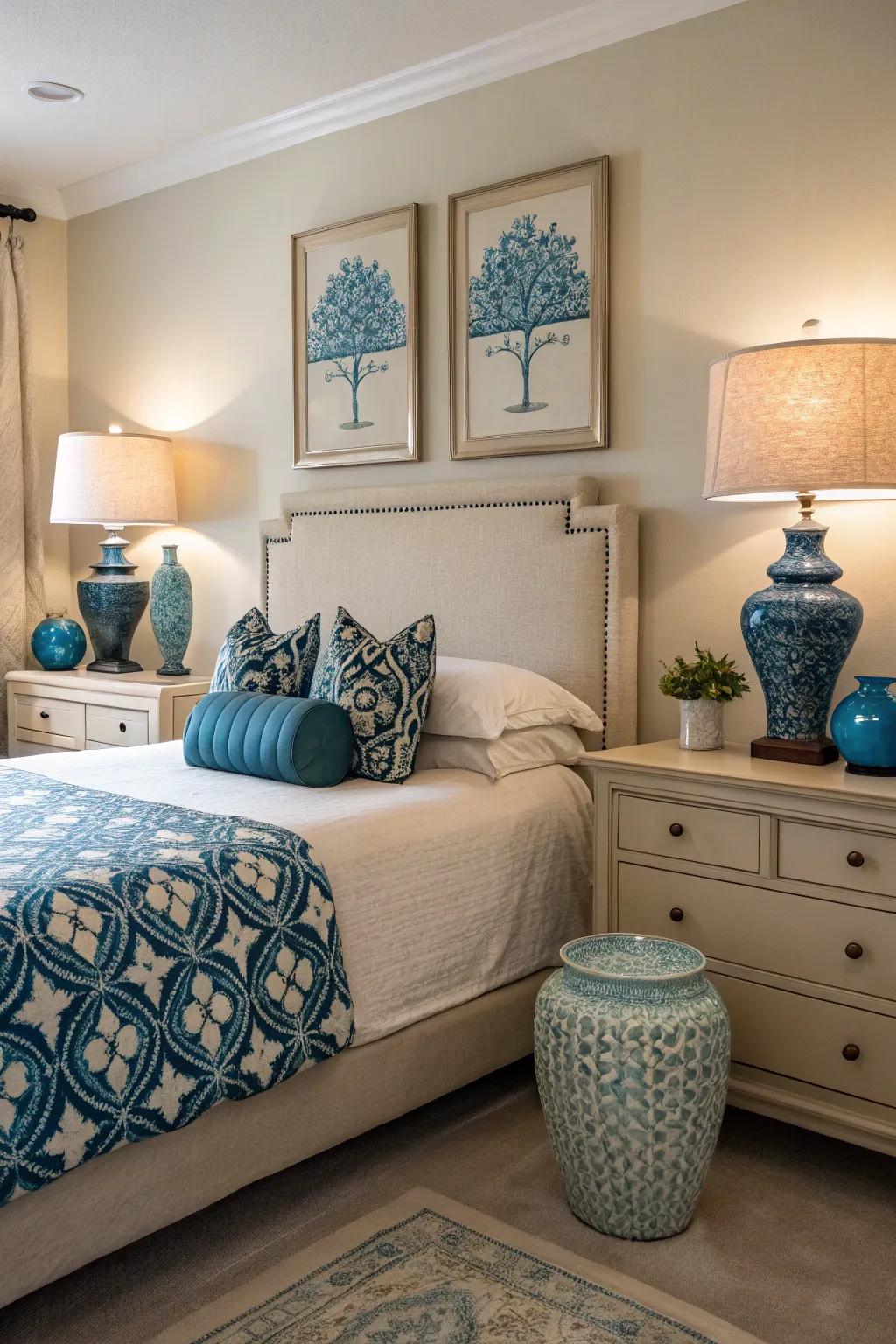 Beige with pops of blue adds emphasis and flair to the decor.