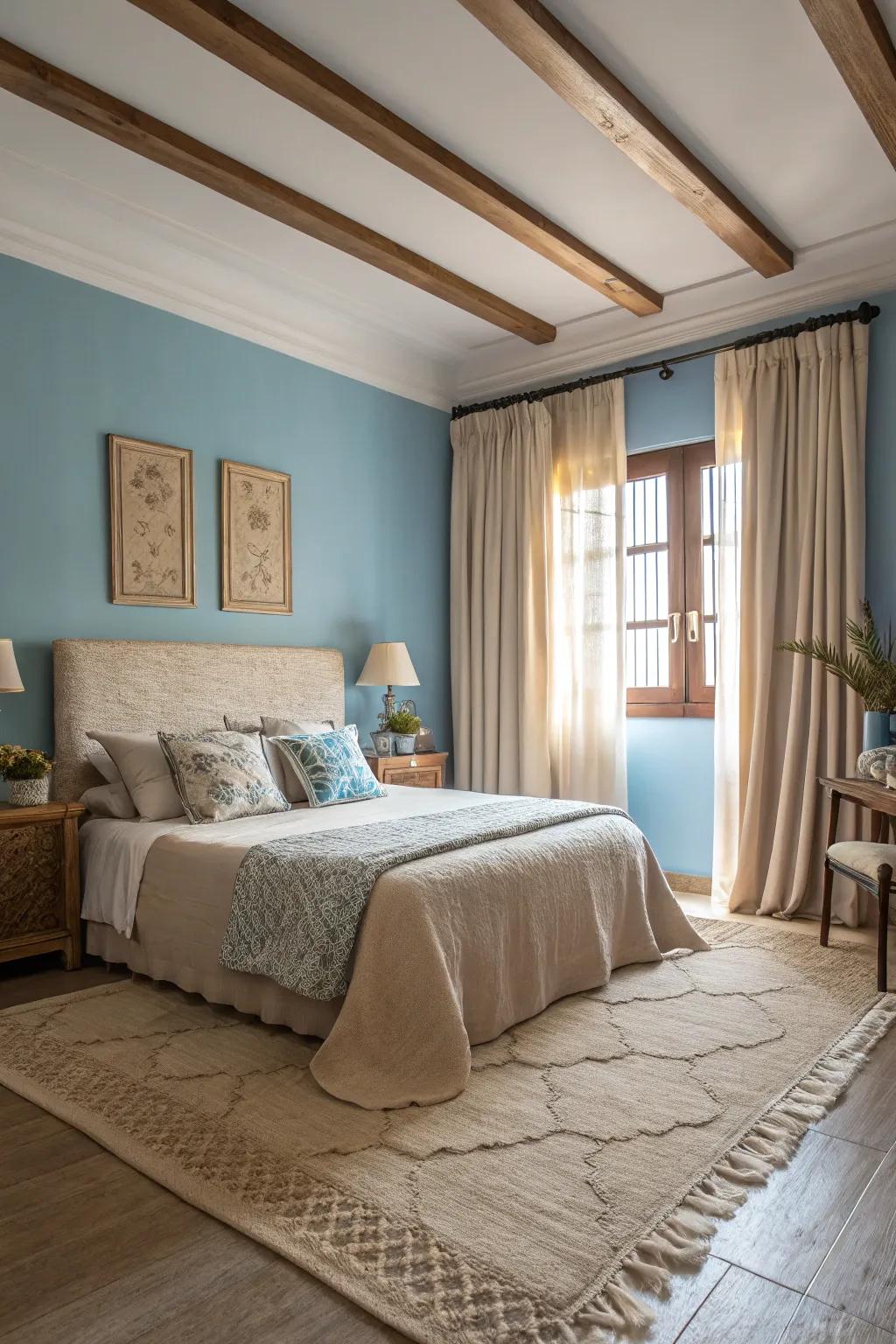 Blue walls paired with beige accents create a calming beach-inspired retreat.