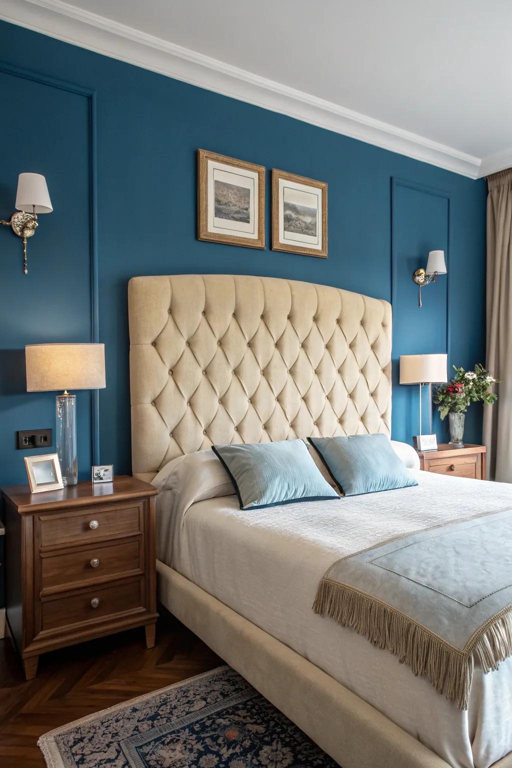 A beige headboard stands out beautifully against blue walls.