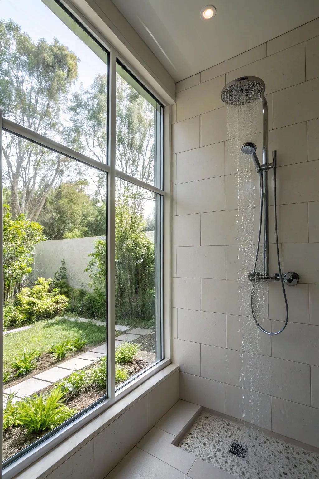 A bright and airy shower stall featuring a large window for natural light.