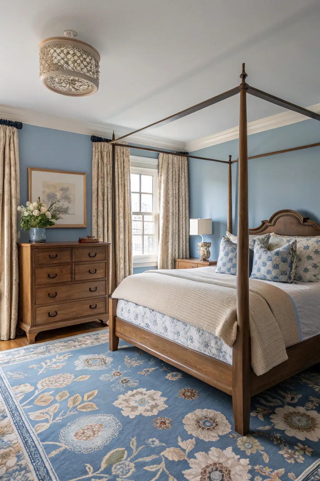 Vintage and modern elements in blue and beige create a harmonious blend.