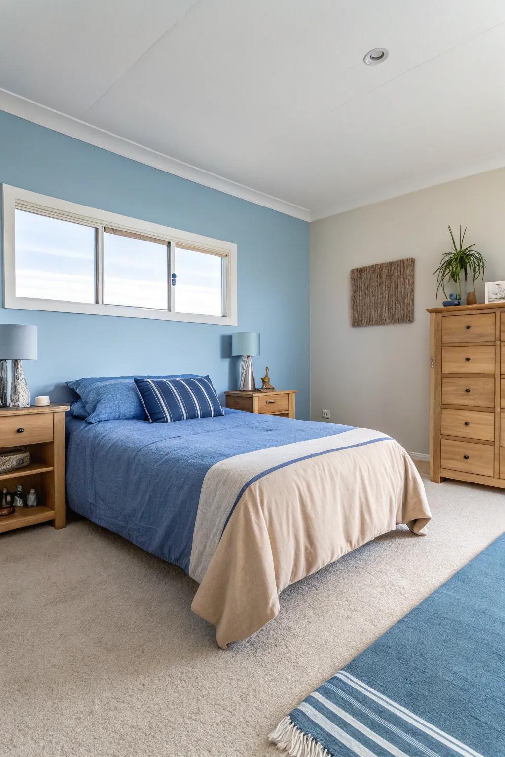 Minimalist decor in blue and beige offers a clean and serene space.