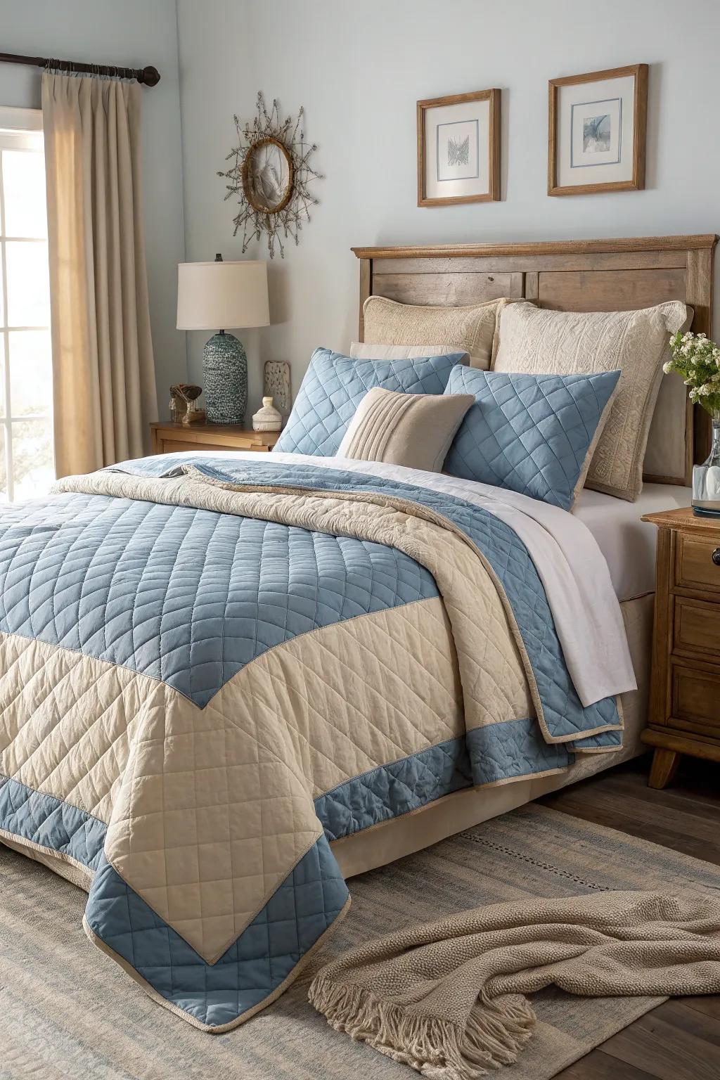 Layered bedding in blue and beige brings depth and comfort.