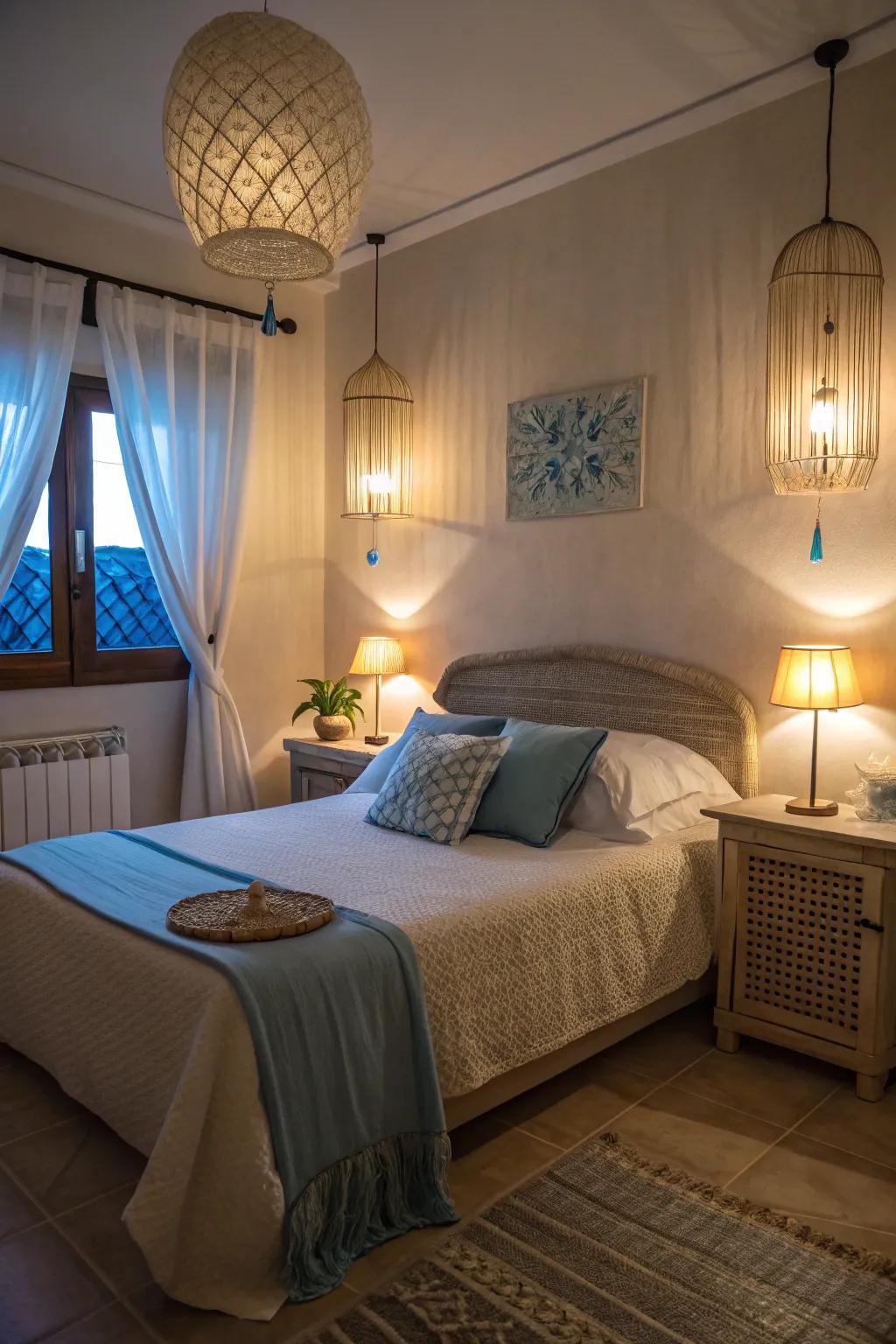 Soft lighting in blue and beige enhances the room's inviting feel.