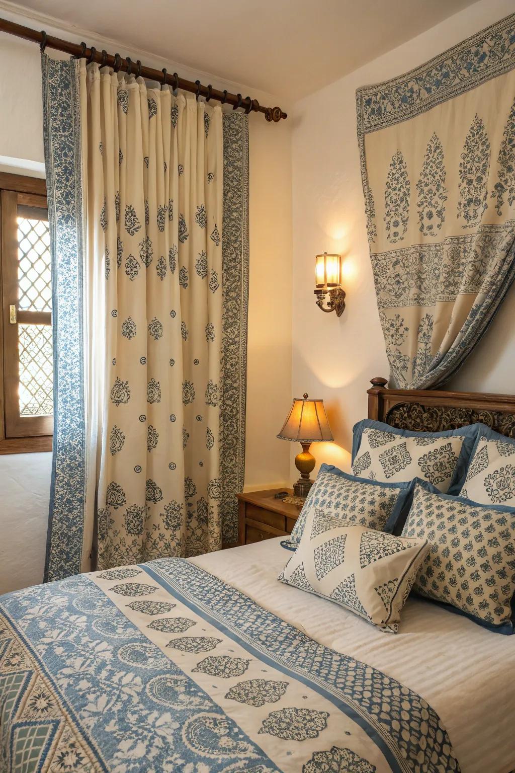 Patterned textiles in blue and beige add visual interest and depth.