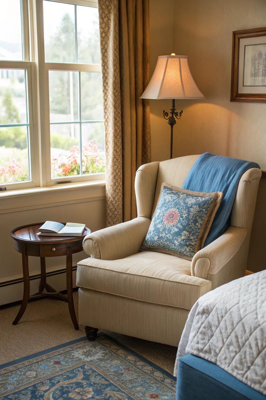 A beige armchair with blue cushions offers a perfect reading spot.