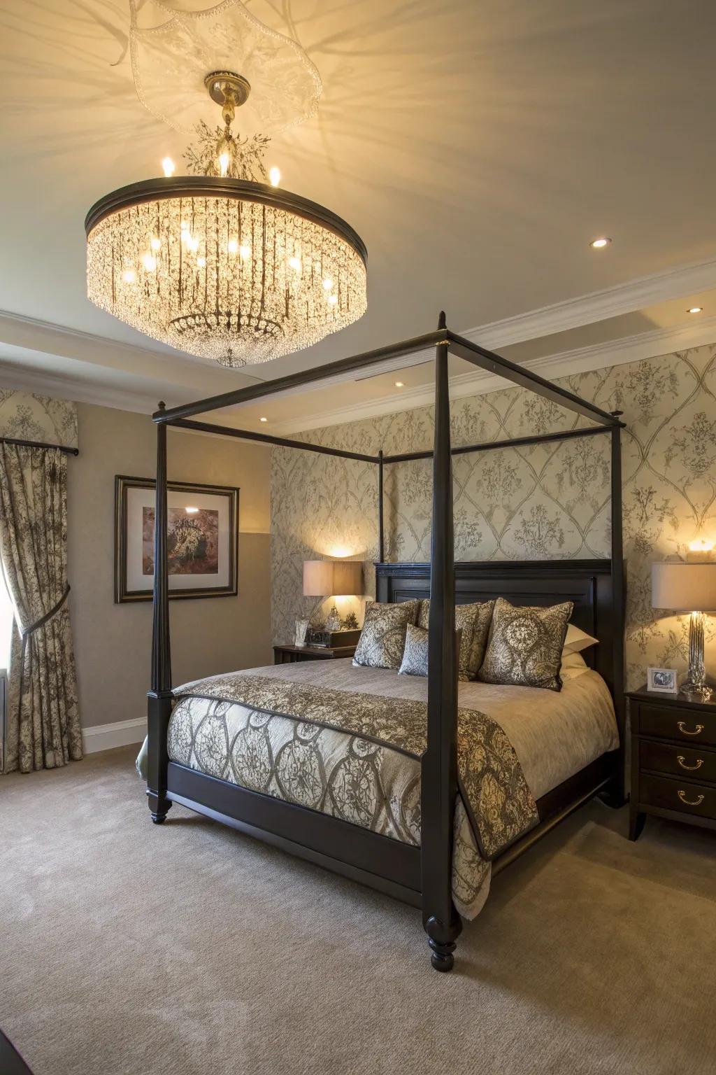 A chandelier adds elegance and ambient light.