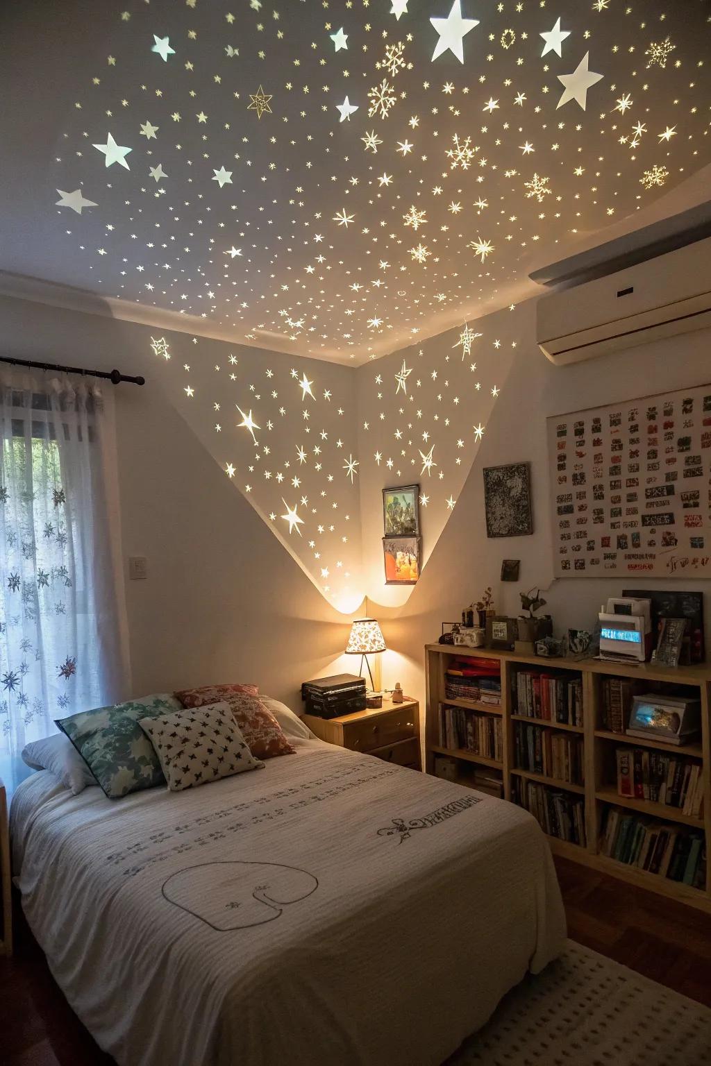 Projector lights add visual interest.