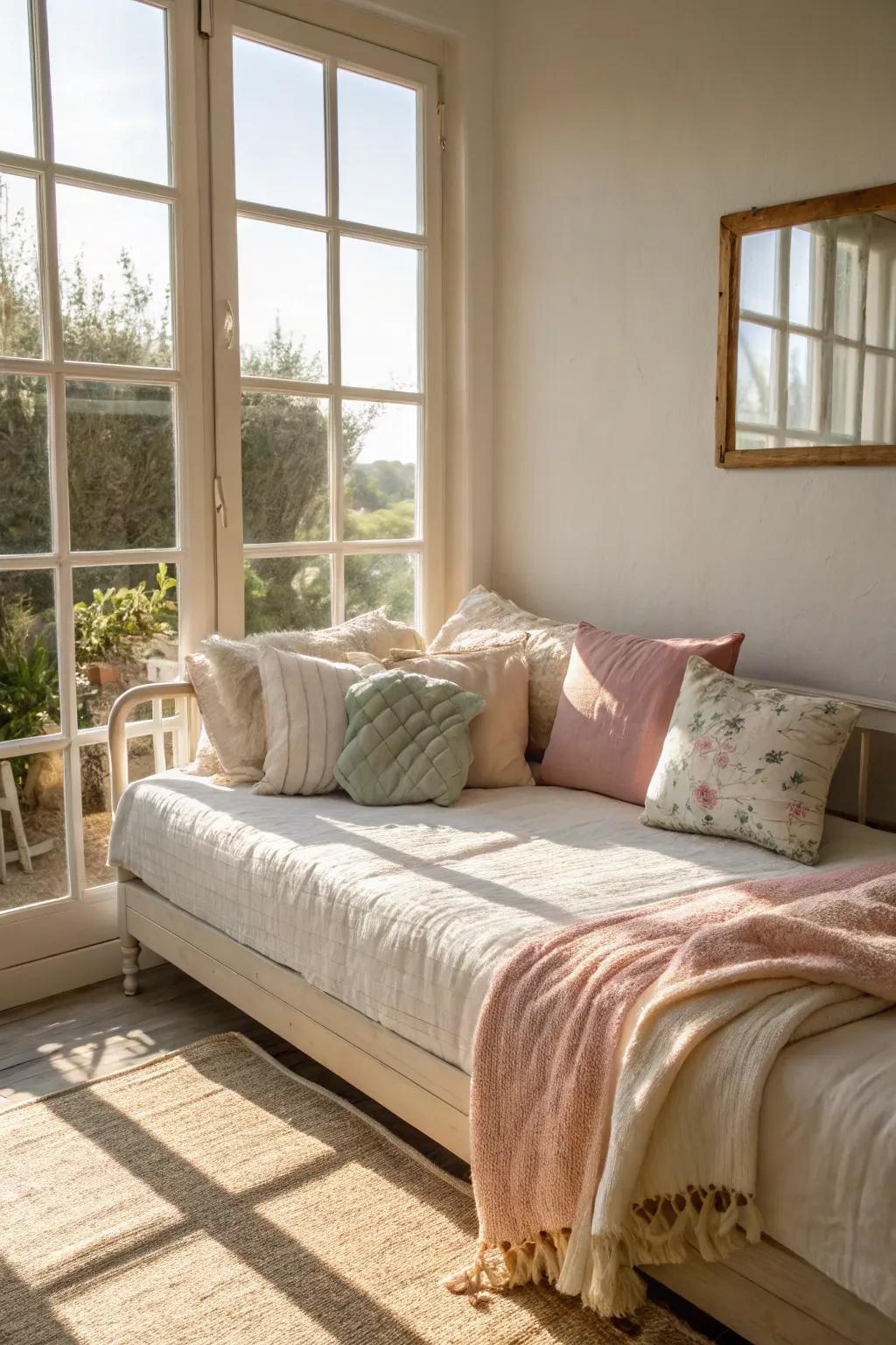 A daybed positioned to maximize natural light, enhancing the room's airy feel.