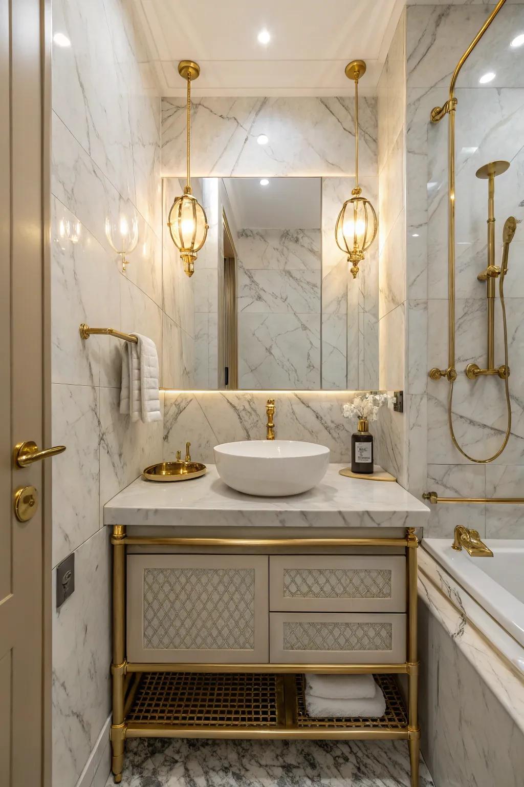 Metallic accents add a touch of glamour to any bathroom.