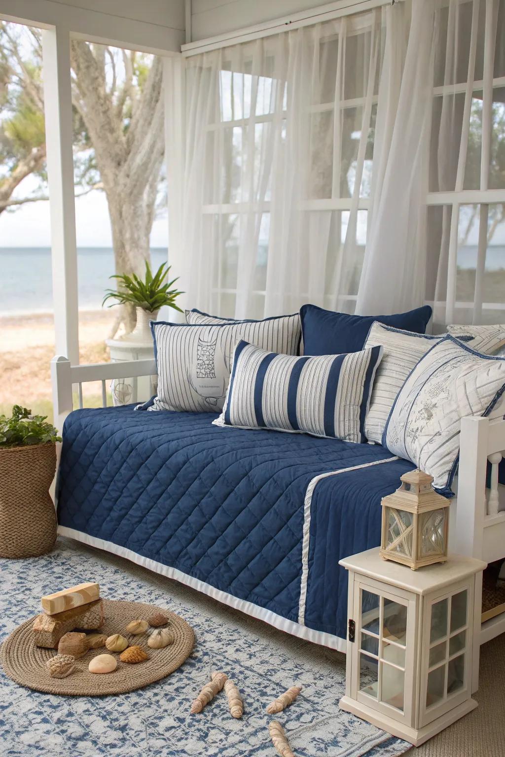 Coastal-themed bedding brings refreshing vibes to a modern daybed.