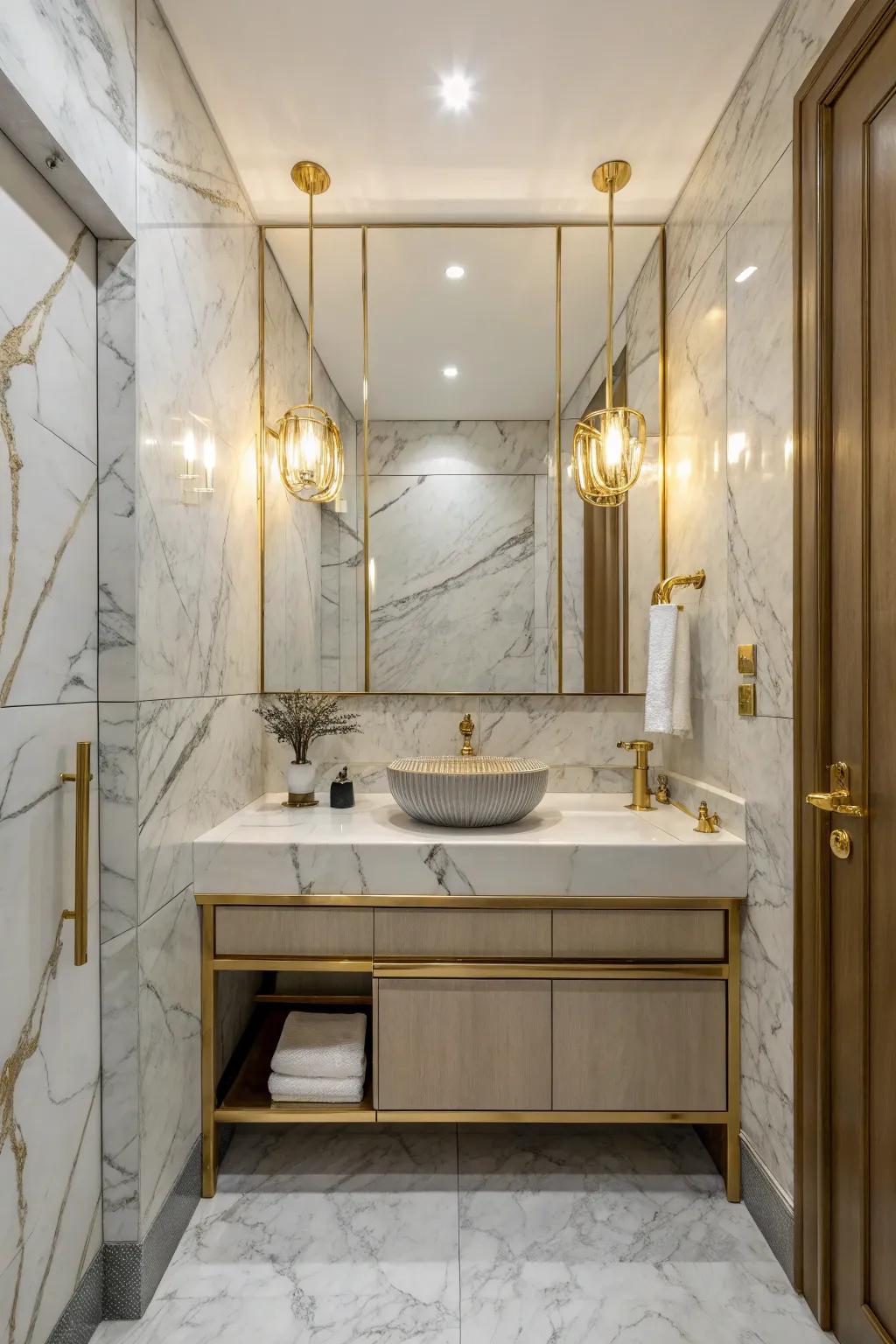 Marble transforms a small bathroom into an epitome of luxury.