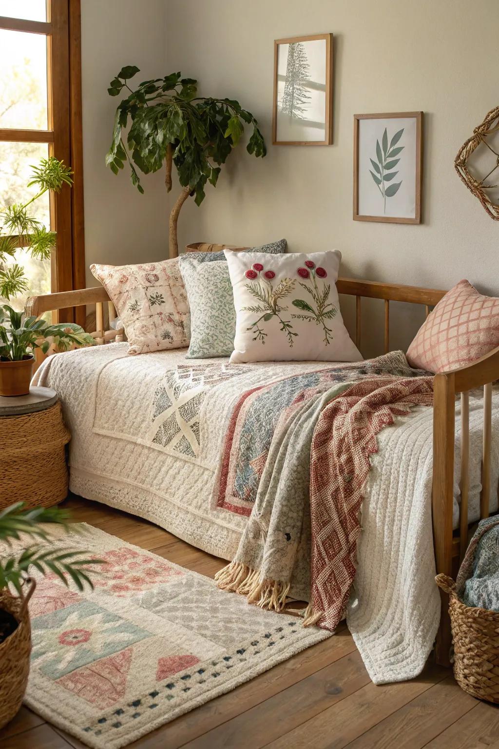 Layered textures on a daybed create a cozy and inviting atmosphere.