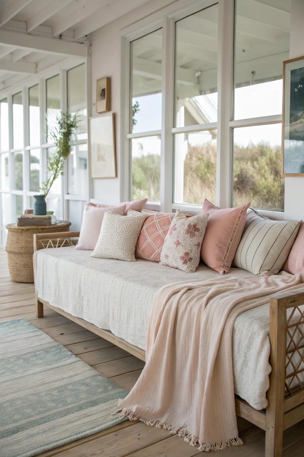 Neutral and pastel bedding hues offer a calming effect on a daybed.