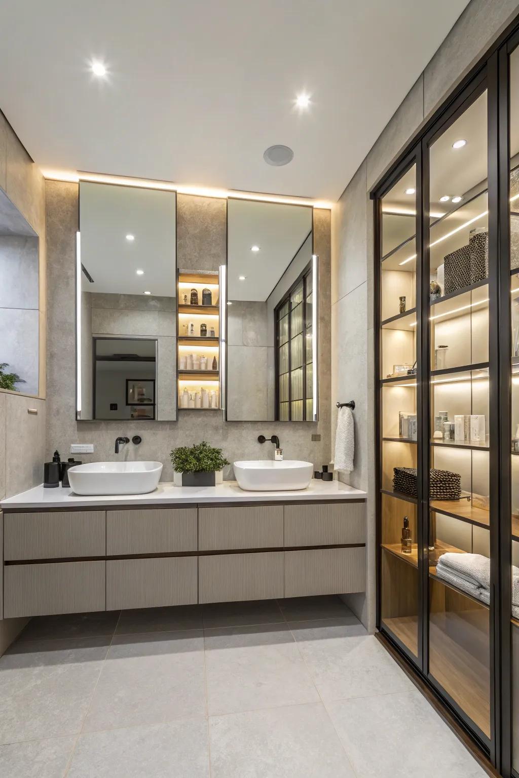 Clever storage maintains a tidy and luxurious bathroom.