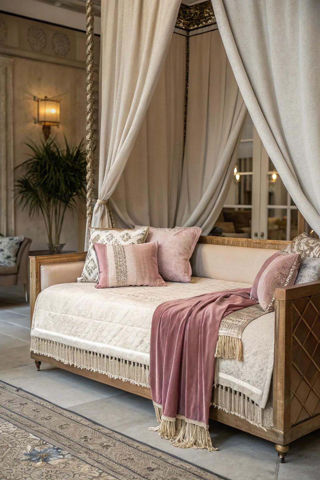 Mixing materials like velvet and linen adds a luxurious touch to a daybed.