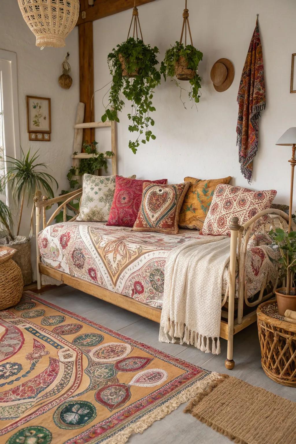 Paisley patterns add a boho flair and depth to a daybed.