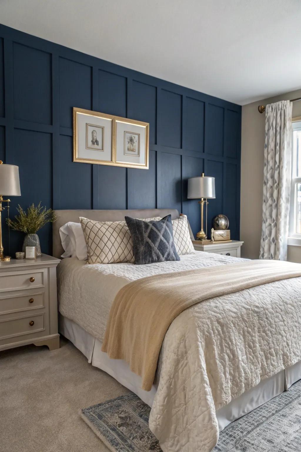 Navy blue adds regal sophistication to any bedroom.
