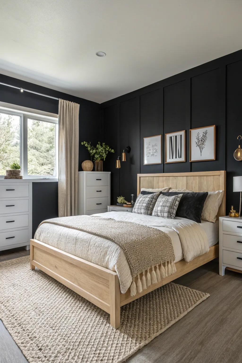 Black walls create a dramatic and striking effect.