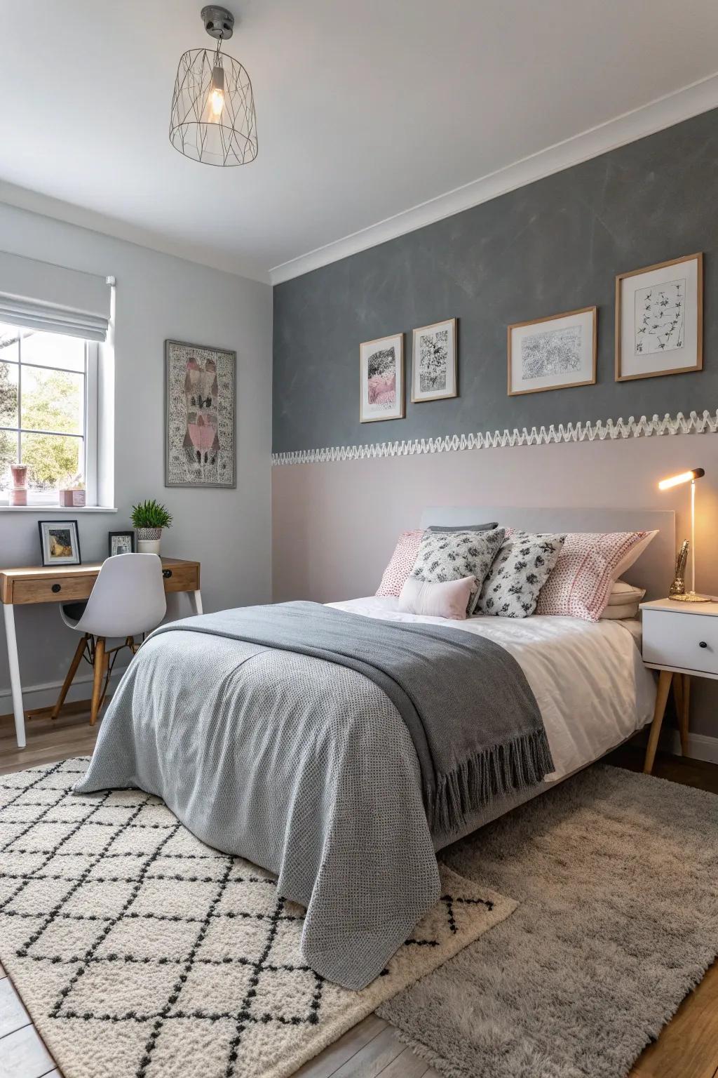 Two-tone gray adds depth and dimension to the design.