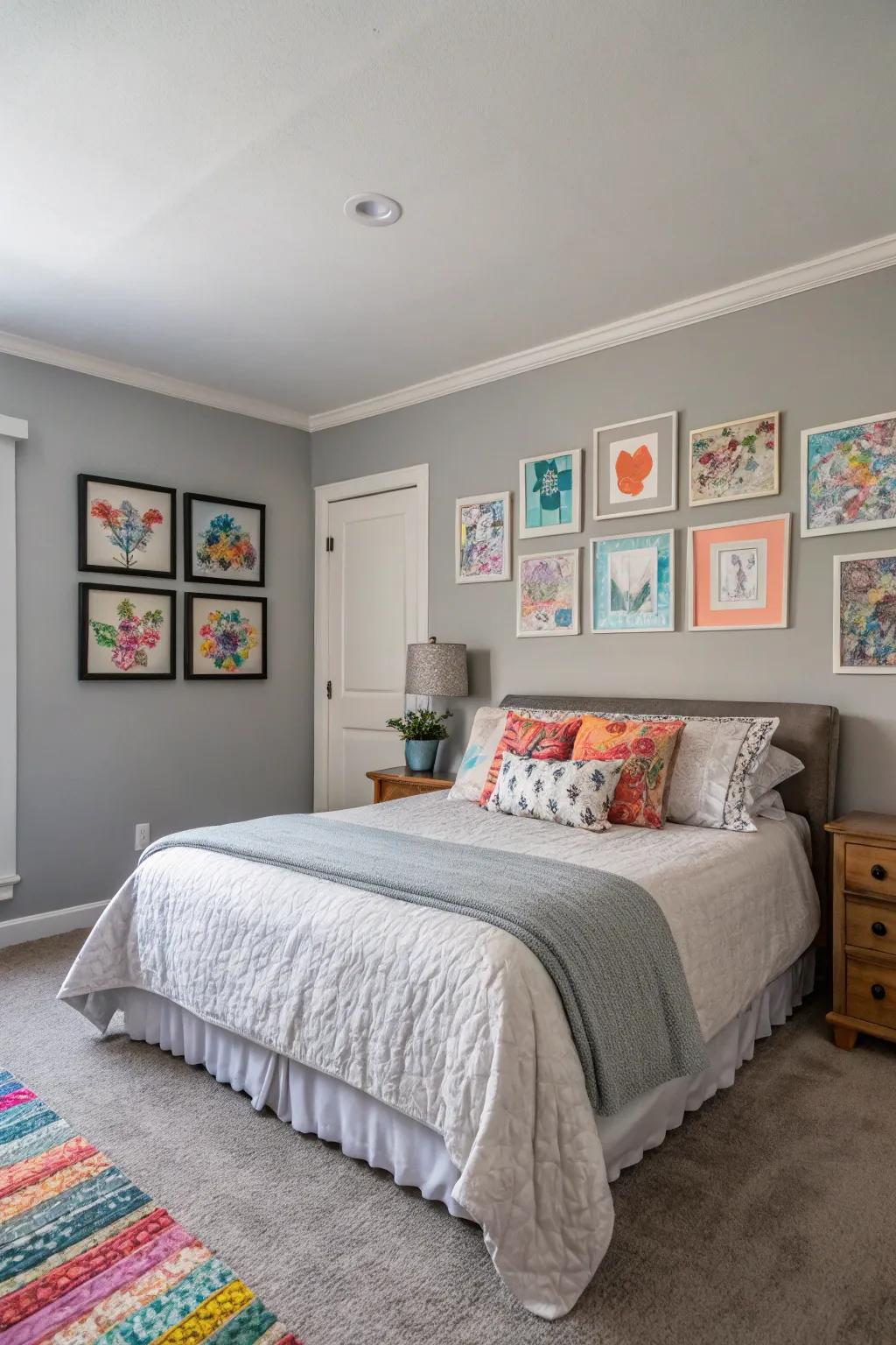 Soft gray serves as a soothing canvas for vibrant elements.