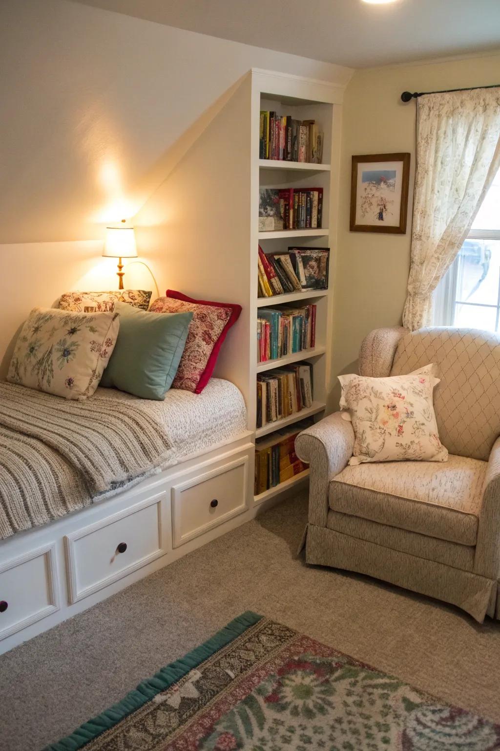 A reading nook offers a cozy escape beside a corner bed.