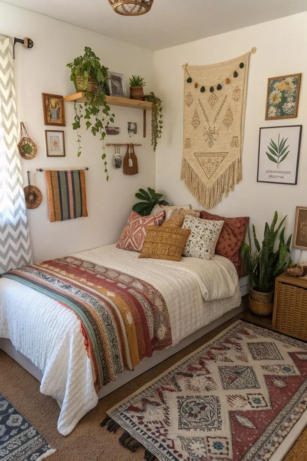 Bohemian decor brings a vibrant and cozy vibe to a corner bed.