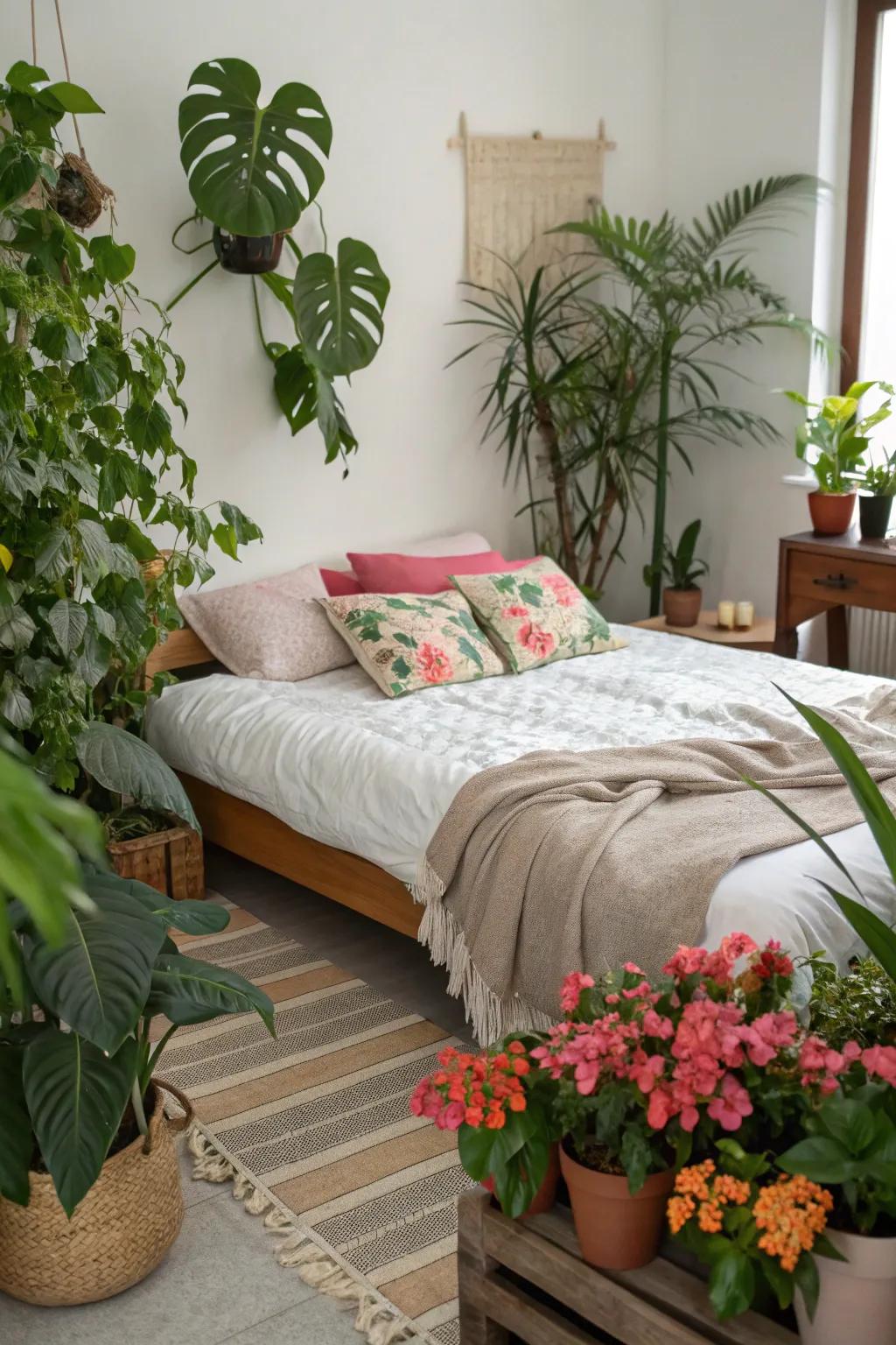 Indoor plants breathe life into a bedroom corner.