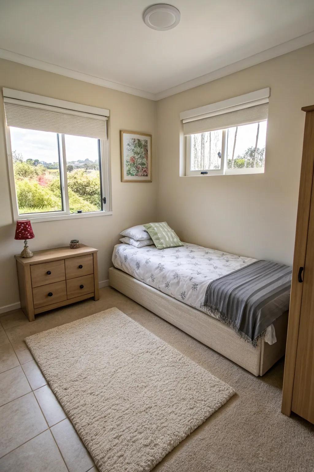 A corner bed opens up floor space, creating a spacious feel.