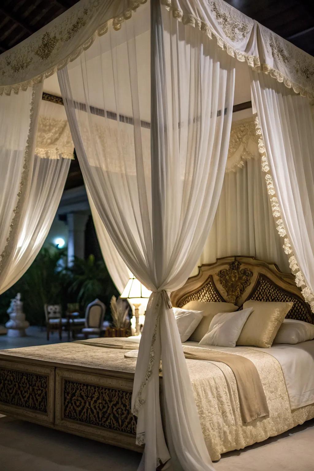 A canopy adds drama and intimacy to a corner bed.