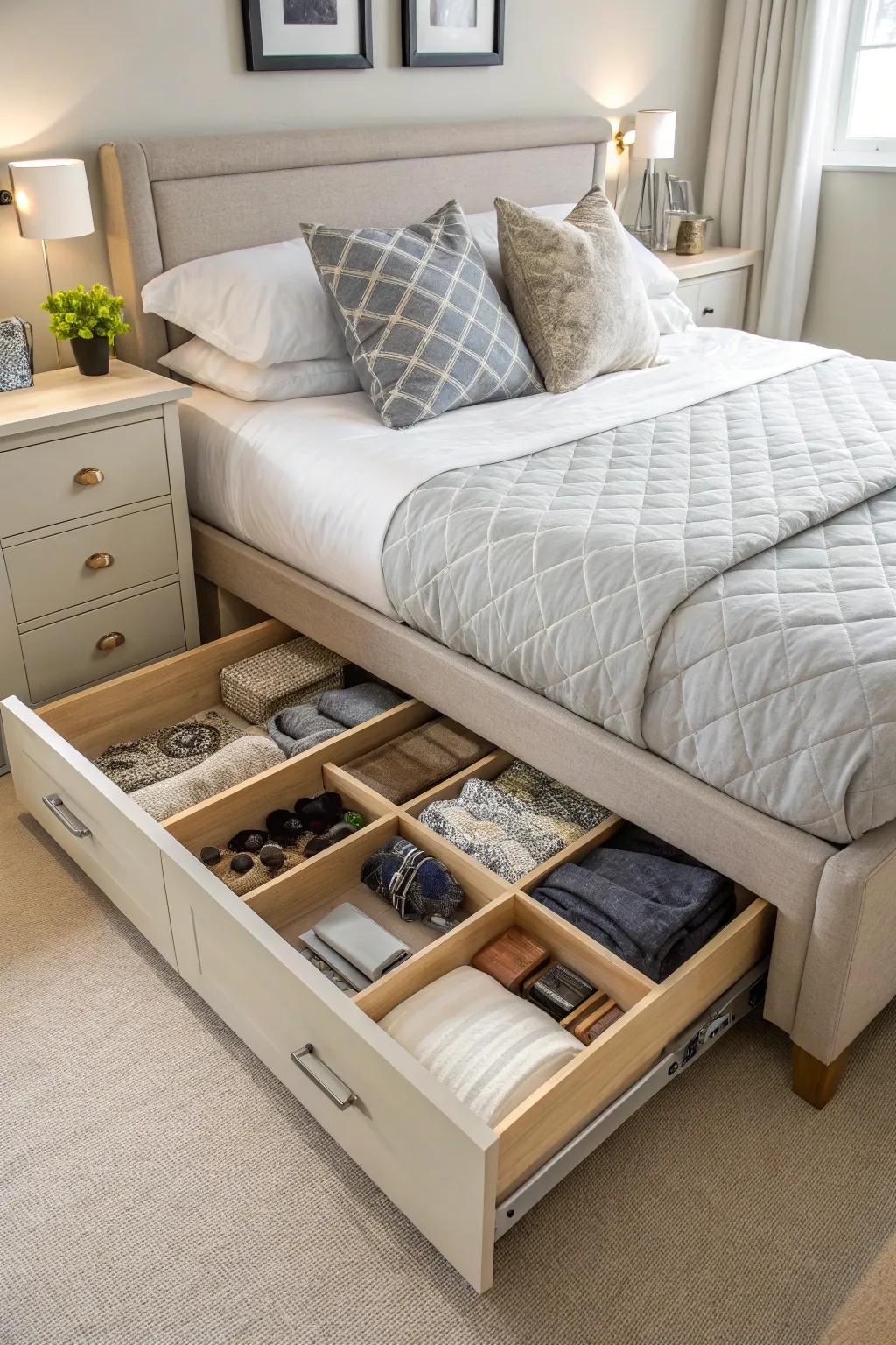 Under-bed storage keeps your space tidy and organized.