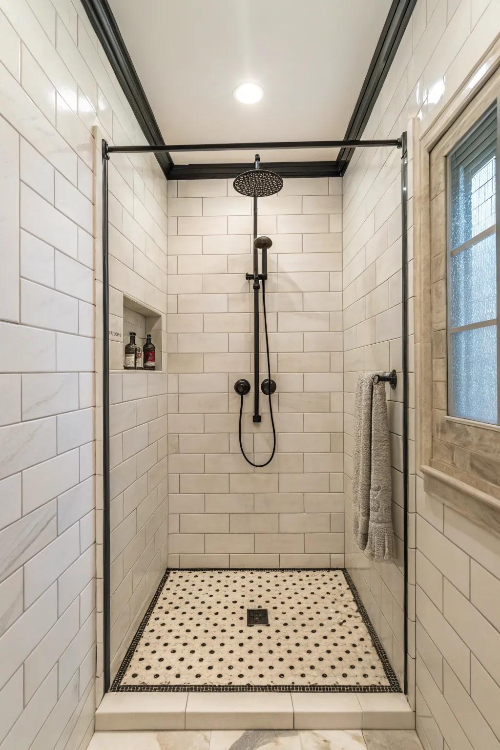 Floor-to-ceiling tiles create a cohesive and elegant shower design.