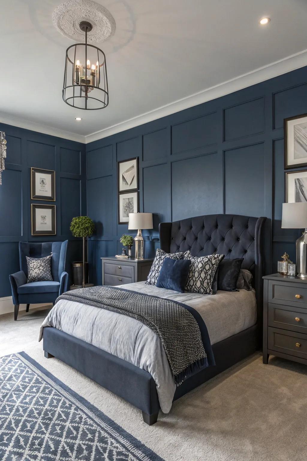 Create drama in your bedroom with a navy blue and charcoal grey color scheme.