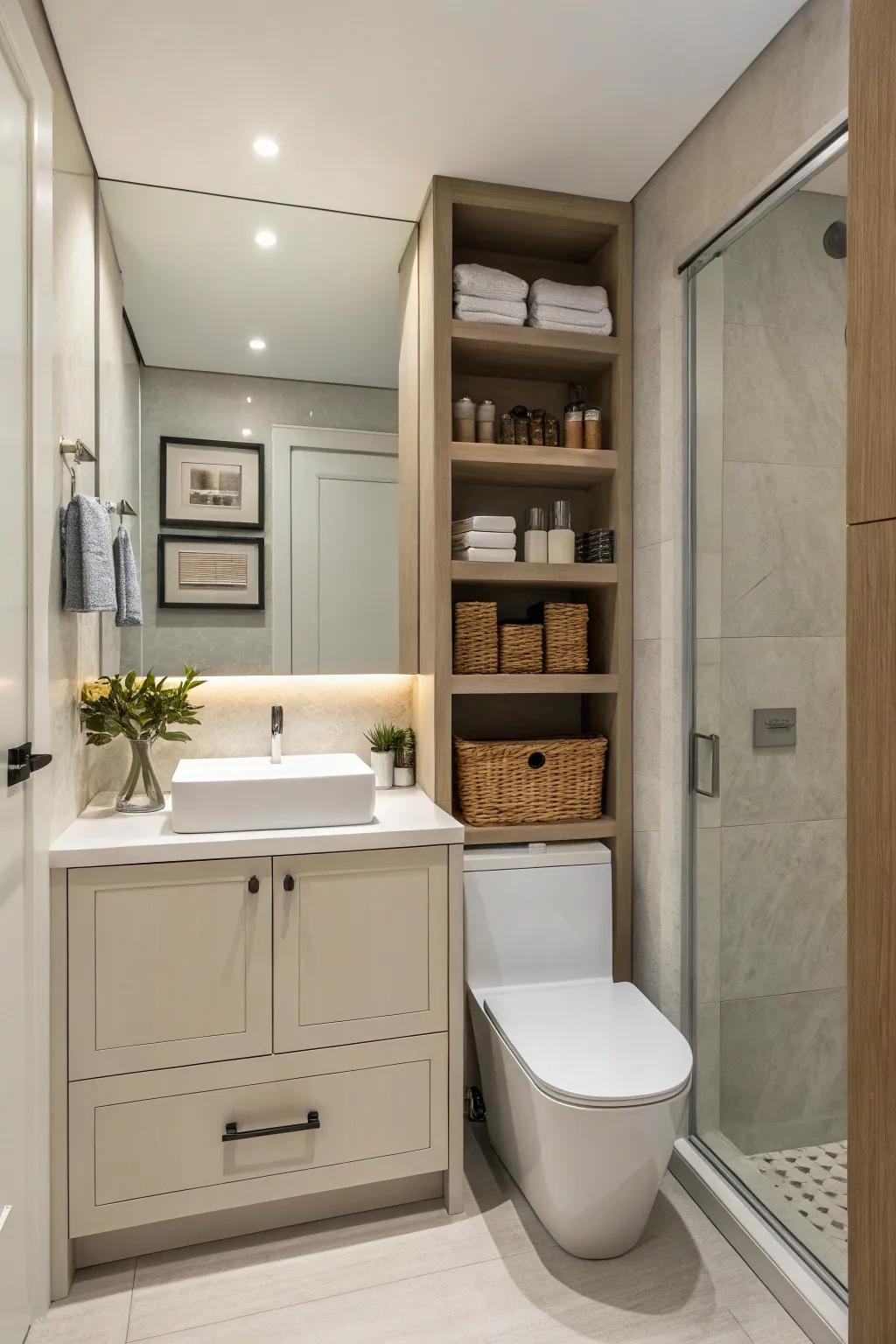 Hidden storage keeps the bathroom tidy and organized.