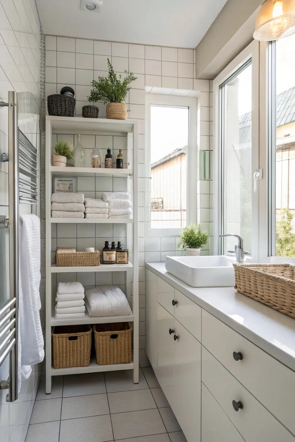 High shelves offer practical storage solutions.