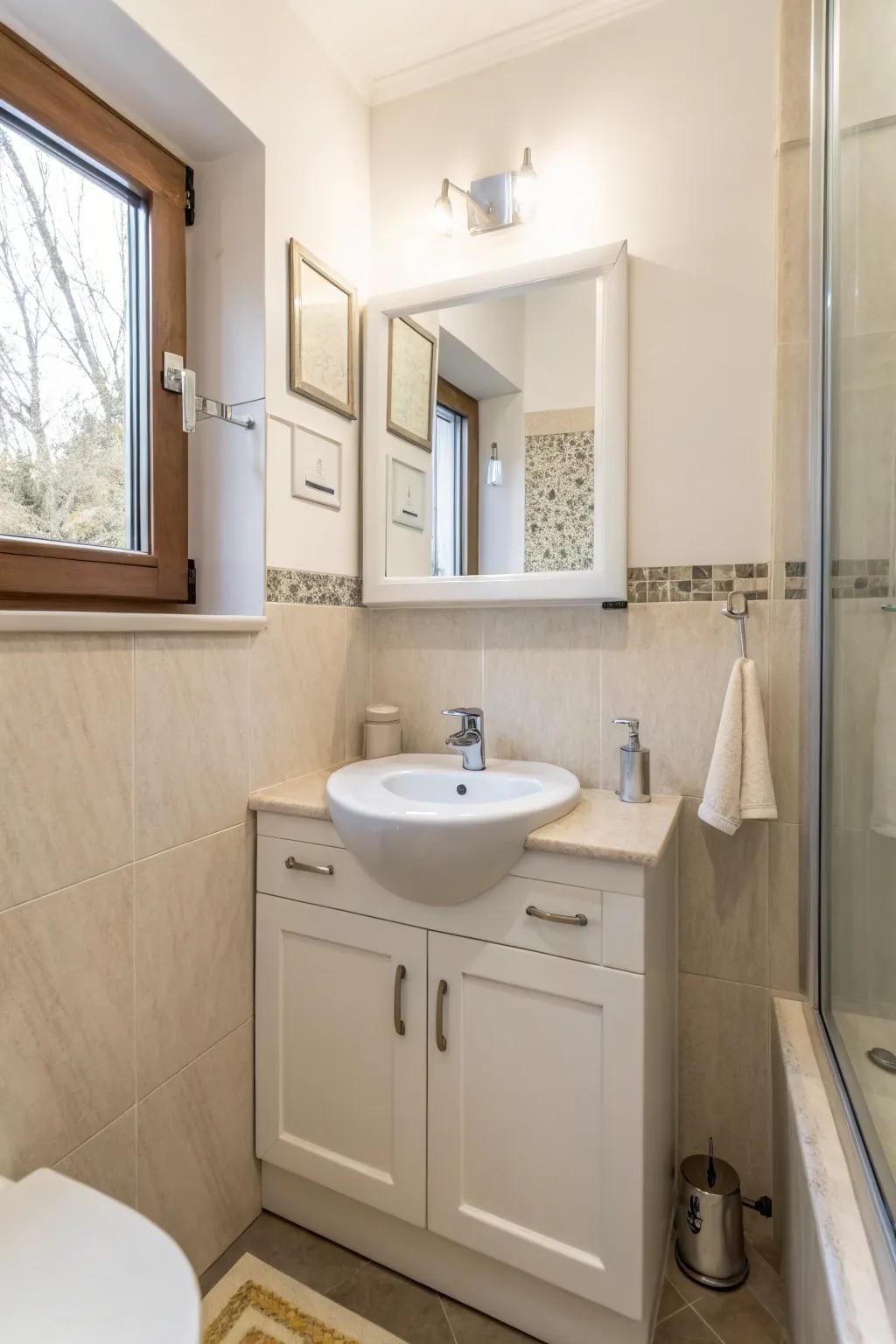 A corner sink maximizes space in a compact bathroom.