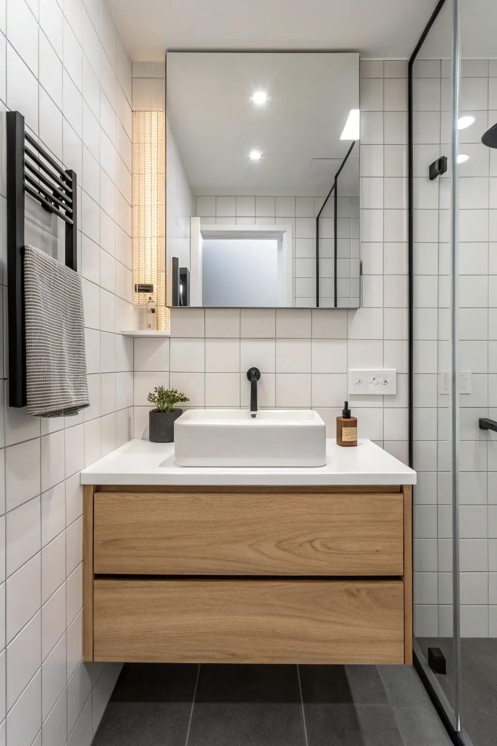 Floating vanities enhance visual space and style.