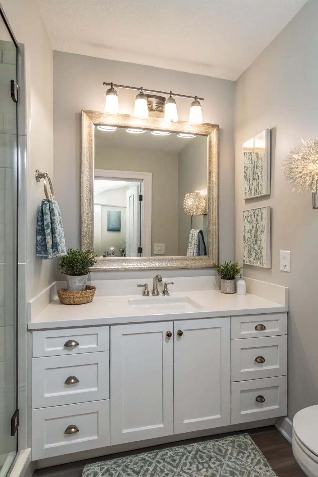 Large mirrors amplify light and space in small bathrooms.