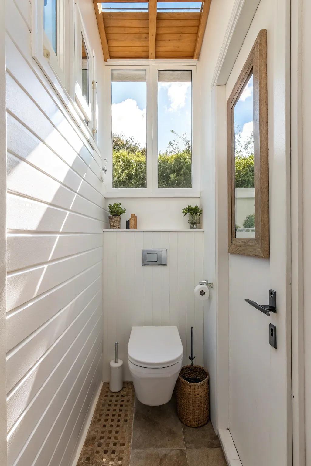 Wall-mounted toilets create a sleek and spacious feel.