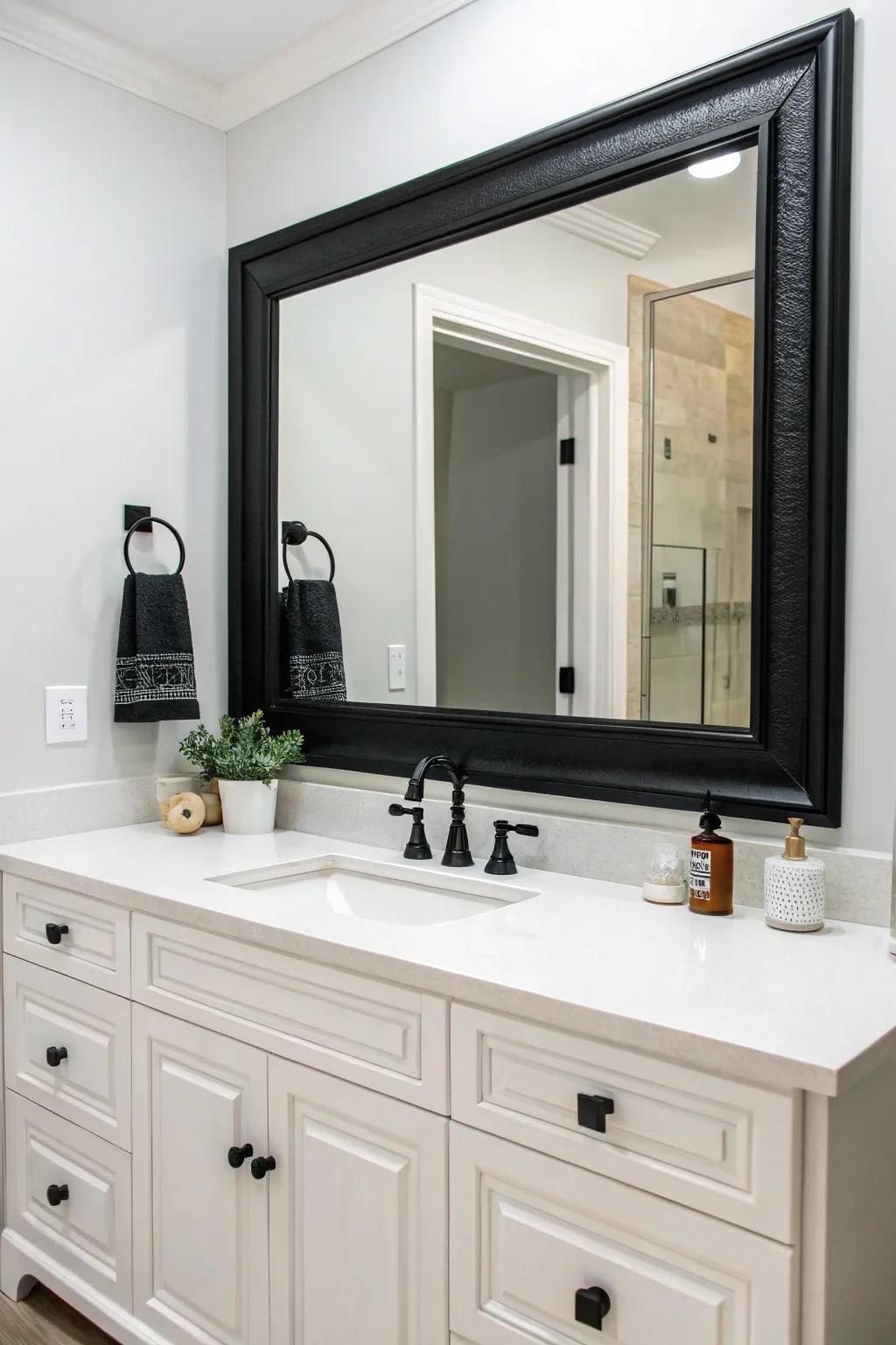 A framed mirror acts as a stylish centerpiece.