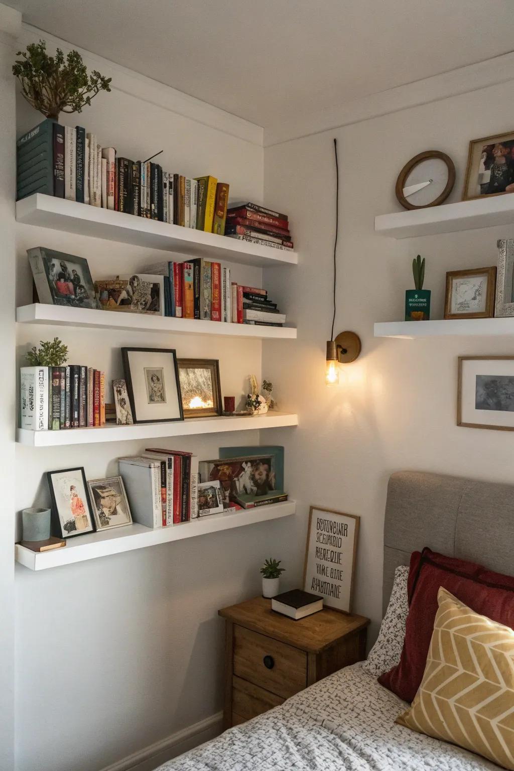 Shelving provides practical storage and display space.