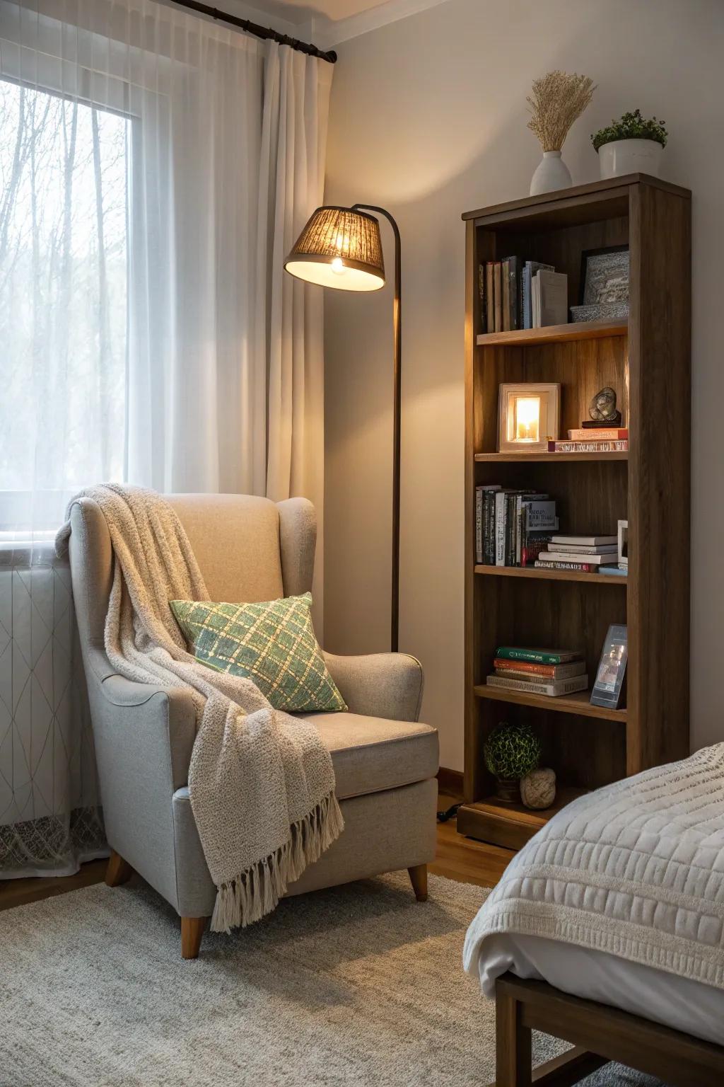 Create a reading nook with a cozy chair and soft lighting.