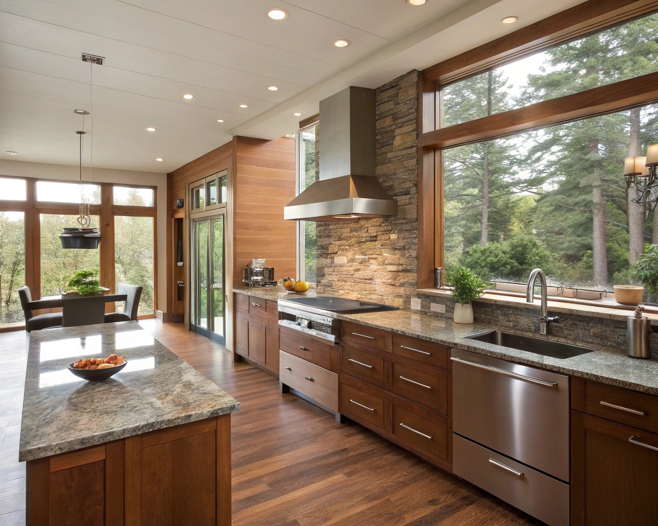 A kitchen combination of natural and synthetic materials achieving a high-end look.